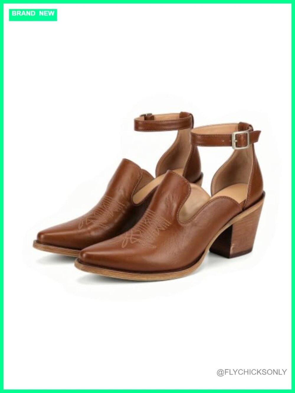 MissHeel Cowboy Heeled Sandals Ankle Strap Pointed Toe Stacked Heel